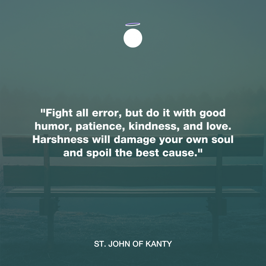 "Fight all error, but do it with good humor, patience, kindness, and love. Harshness will damage your own soul and spoil the best cause." - St. John of Kanty