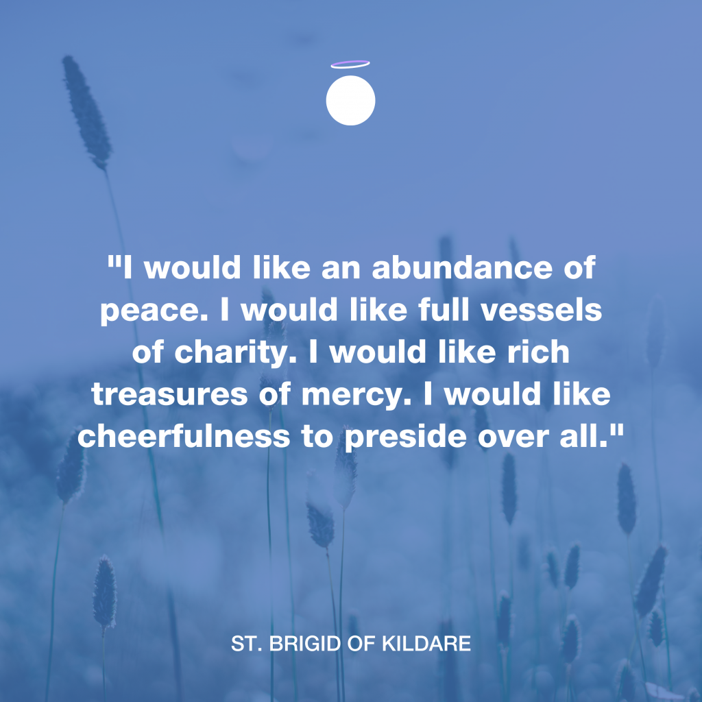"I would like an abundance of peace. I would like full vessels of charity. I would like rich treasures of mercy. I would like cheerfulness to preside over all." - St. Brigid of Kildare