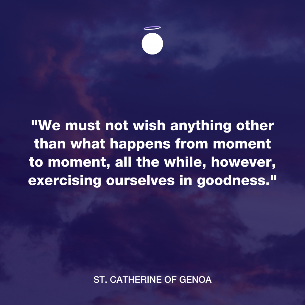 "We must not wish anything other than what happens from moment to moment, all the while, however, exercising ourselves in goodness." - St. Catherine of Genoa