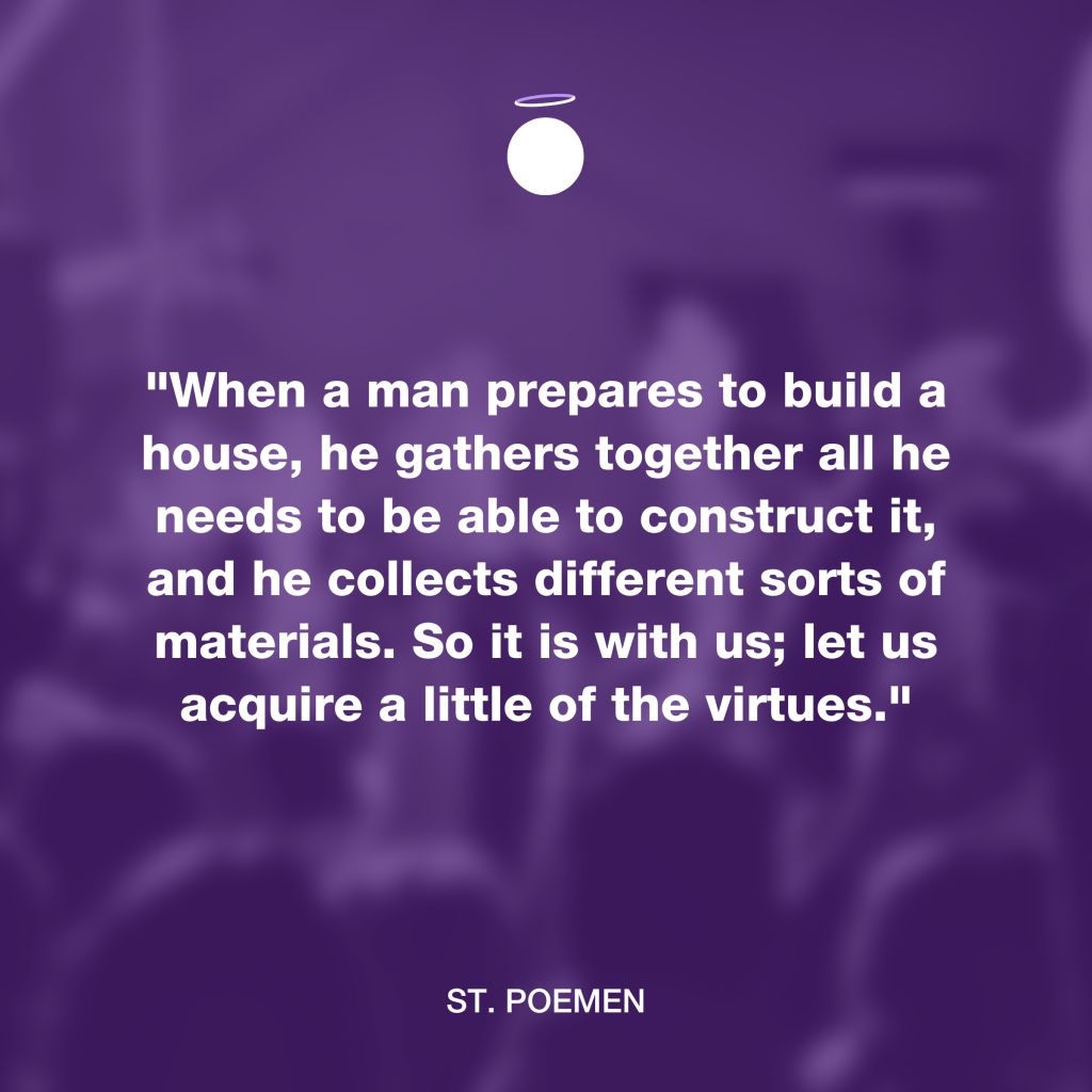 "When a man prepares to build a house, he gathers together all he needs to be able to construct it, and he collects different sorts of materials. So it is with us; let us acquire a little of the virtues." - St. Poemen