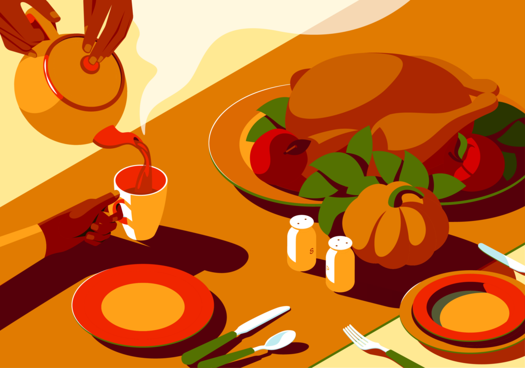 An illustration of a Thanksgiving table