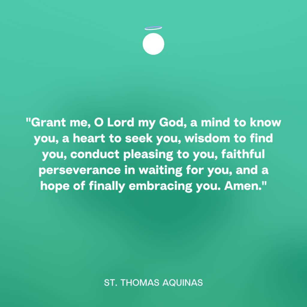 "Grant me, O Lord my God, a mind to know you, a heart to seek you, wisdom to find you, conduct pleasing to you, faithful perseverance in waiting for you, and a hope of finally embracing you. Amen." - St. Thomas Aquinas
