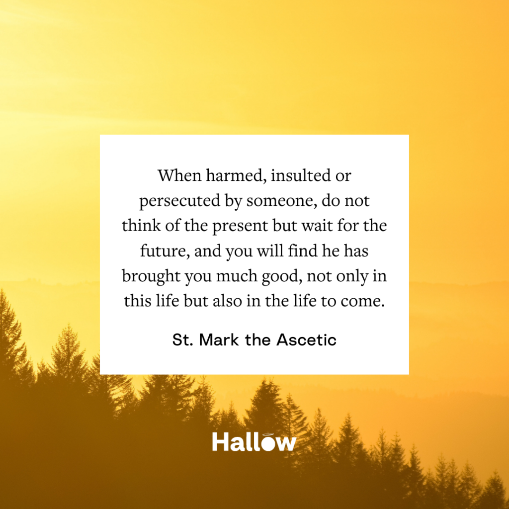 "When harmed, insulted or persecuted by someone, do not think of the present but wait for the future, and you will find he has brought you much good, not only in this life but also in the life to come." - St. Mark the Ascetic