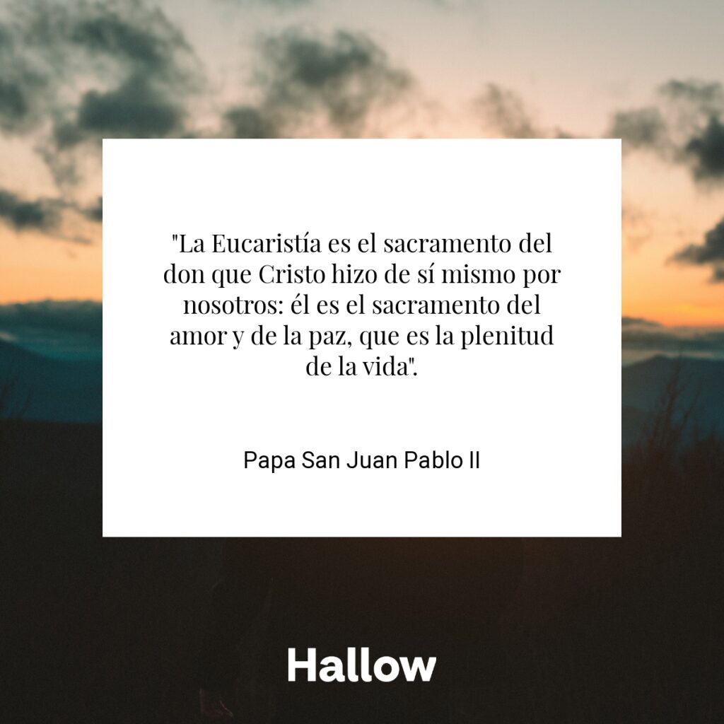 "La Eucaristía es el sacramento del don que Cristo hizo de sí mismo por nosotros: él es el sacramento del amor y de la paz, que es la plenitud de la vida". - Papa San Juan Pablo II