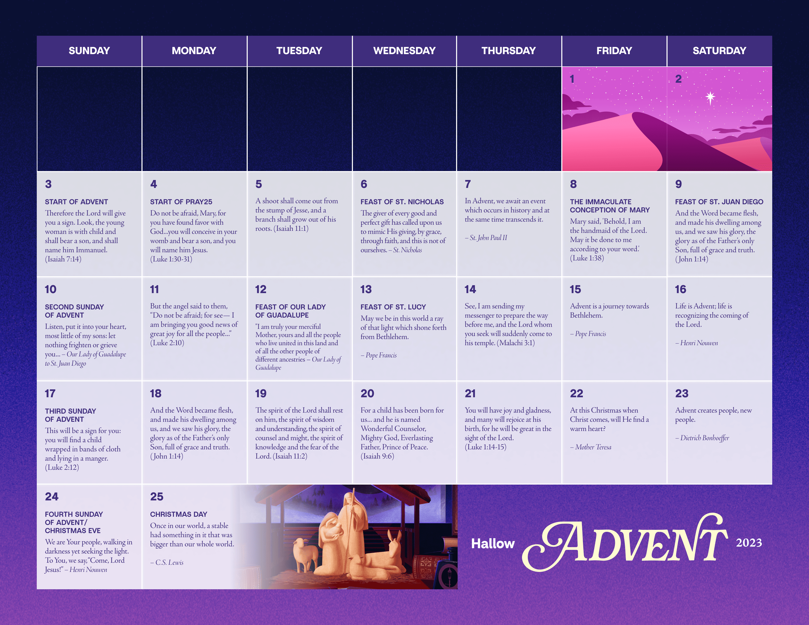 A calendar showing the season of Advent in 2023