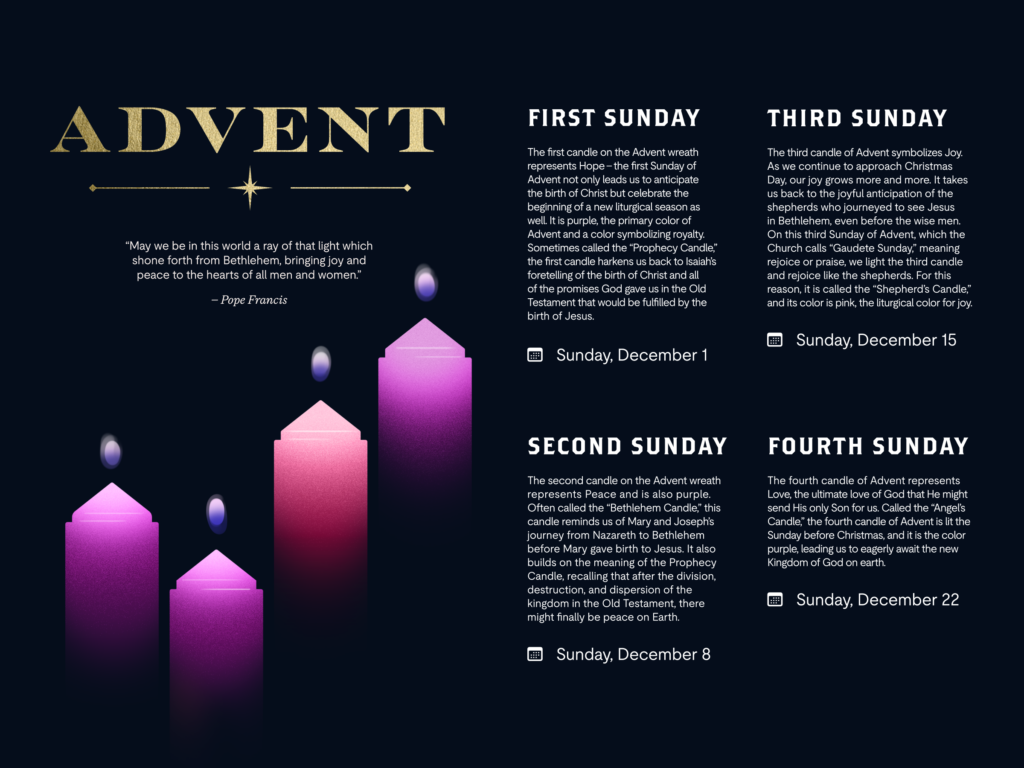 An illustration of the four Advent candles (three purple, one pink) with descriptions of their meaning and significance.