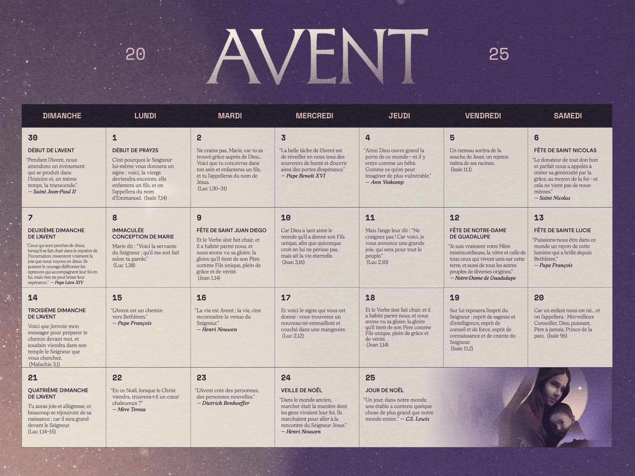 An illustration of the four Advent candles (three purple, one pink) with descriptions of their meaning and significance.