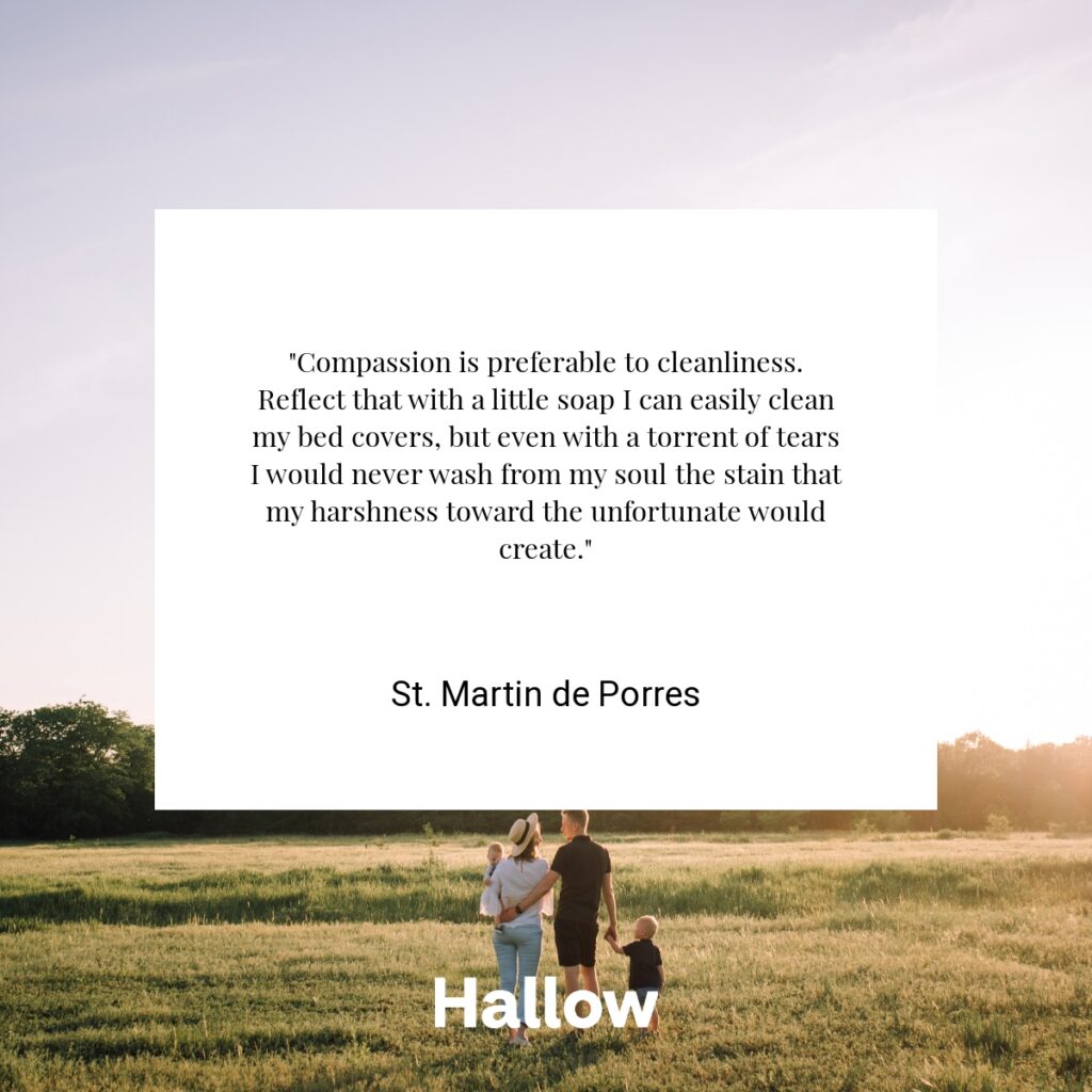 "Compassion is preferable to cleanliness. Reflect that with a little soap I can easily clean my bed covers, but even with a torrent of tears I would never wash from my soul the stain that my harshness toward the unfortunate would create." - St. Martin de Porres
