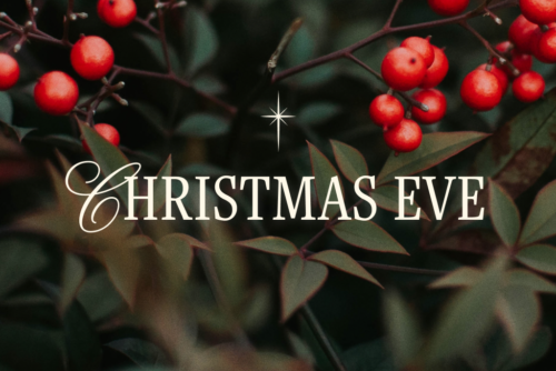 Christmas Eve Text over background of Evergreen tree