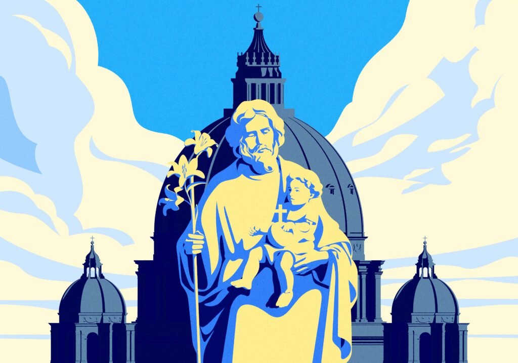 A custom illustration depicting St. Joseph as the defender of the Church.