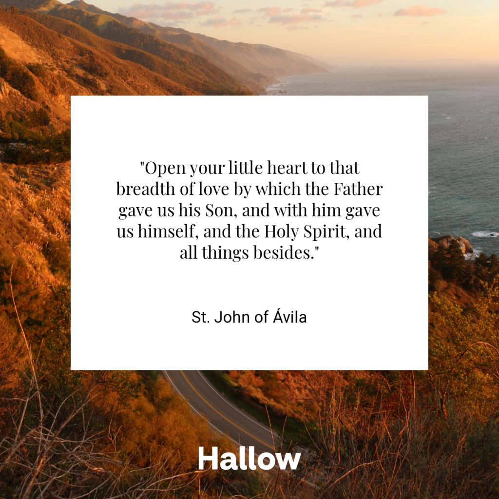 "Open your little heart to that breadth of love by which the Father gave us his Son, and with him gave us himself, and the Holy Spirit, and all things besides." - St. John of Ávila