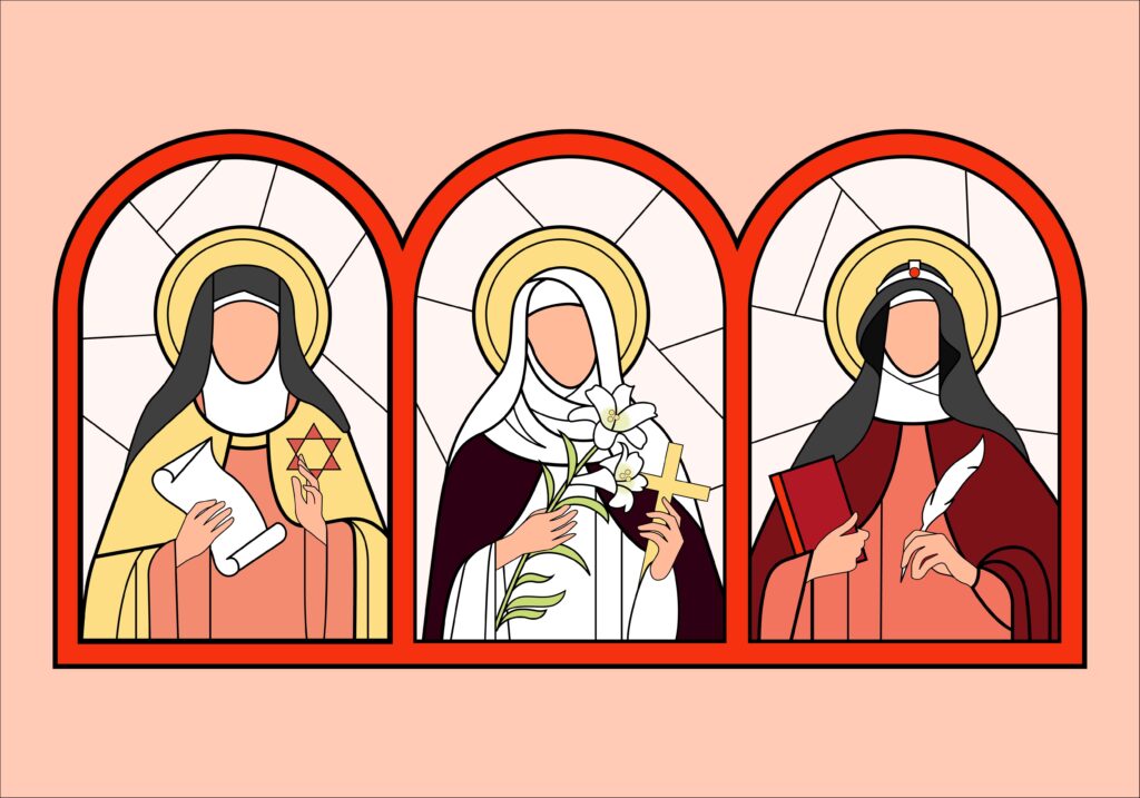 Stain glassed illustrations of female patron saints of Europe: St. Teresa Benedicta of the Cross (Edith Stein), St. Bridget of Sweden and St. Catherine of Siena