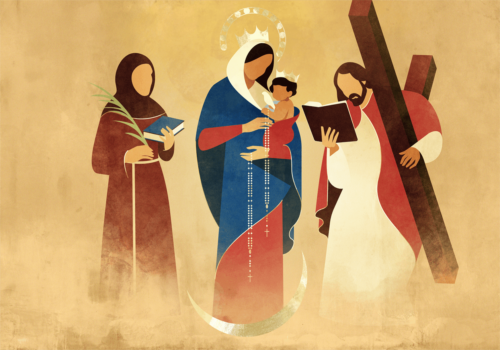 Illustration of Our Lady of Chiquinquira--Mary, holding Jesus, with St. Anthony and St. Andrew by her side.