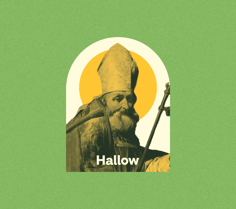 An image of Saint Ambrose holding a staff, over a green background