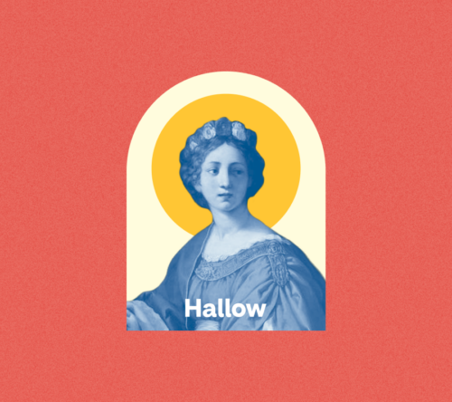 A graphic of St. Cecilia with halo behind her head
