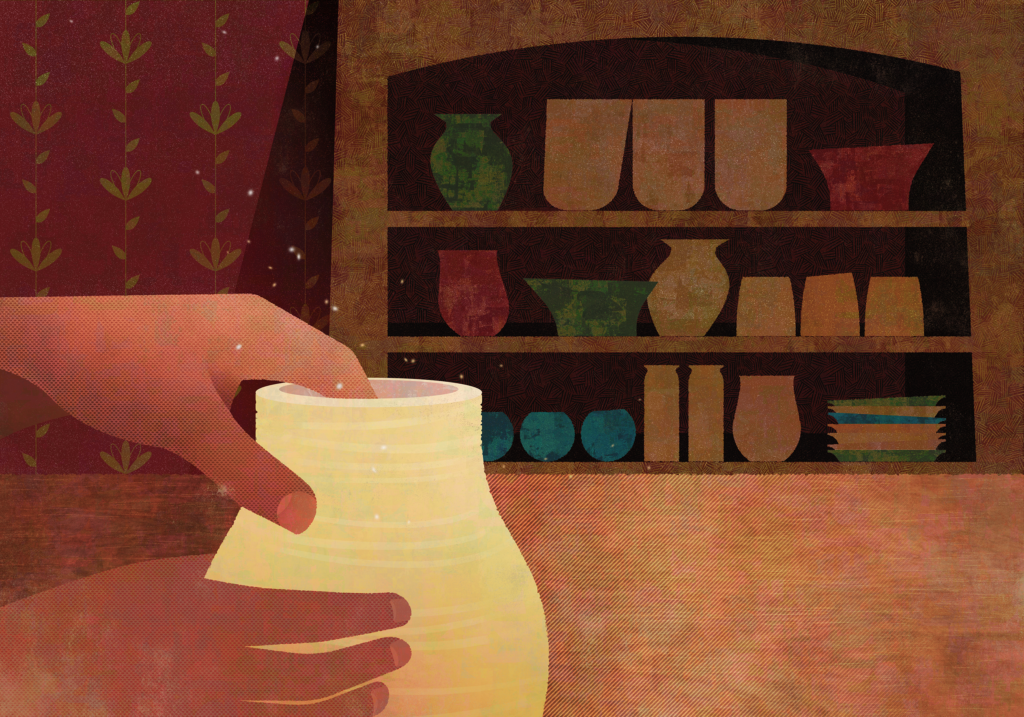 An illustrated image of a potter shaping a pot