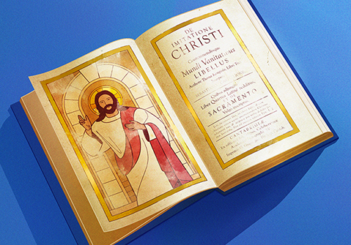 An illustrated image of The Imitation of Christ: An image of Jesus on the left and the title page of the book on the right