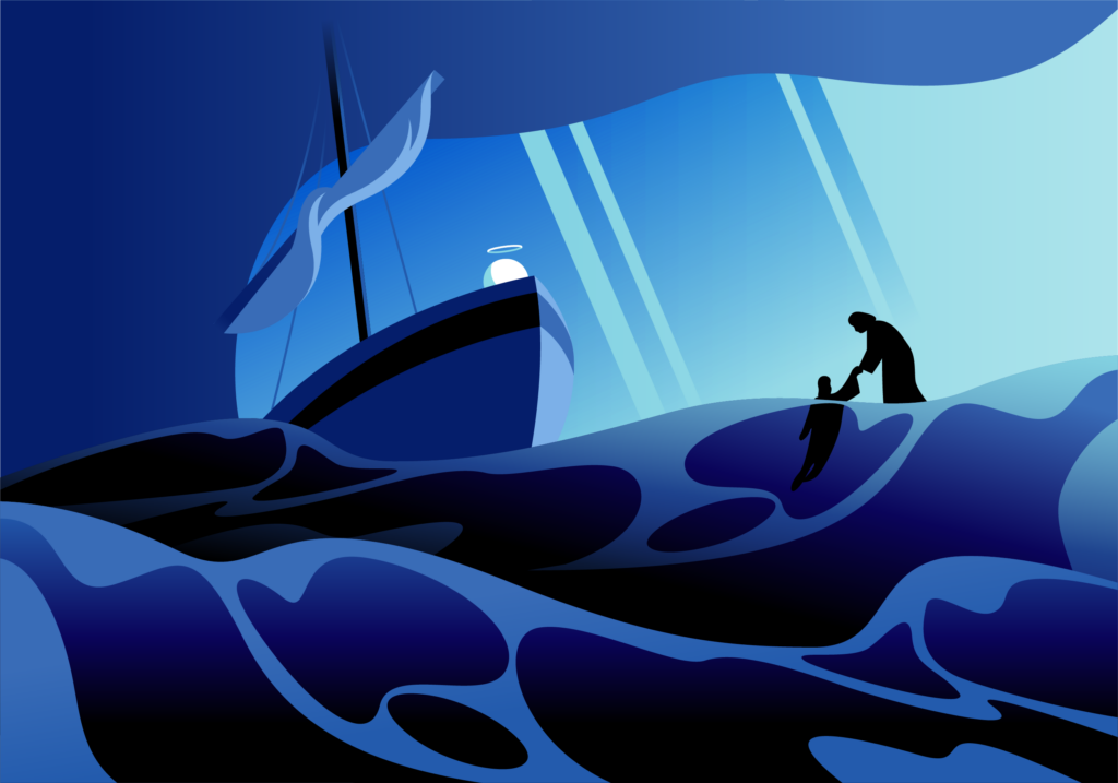 An illustration of a boat in storm waters, with Jesus reaching out his hand towards someone struggling in the waves.