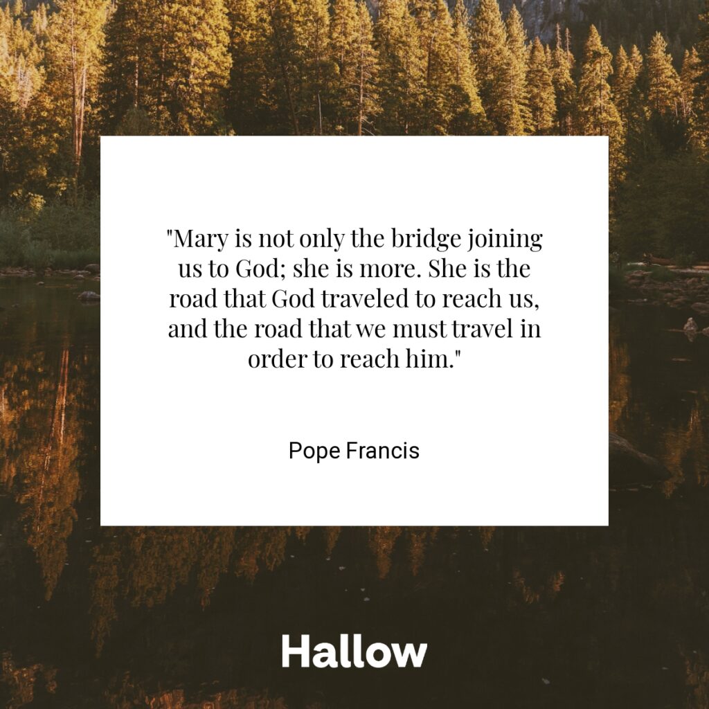 "Mary is not only the bridge joining us to God; she is more. She is the road that God traveled to reach us, and the road that we must travel in order to reach him." - Pope Francis 