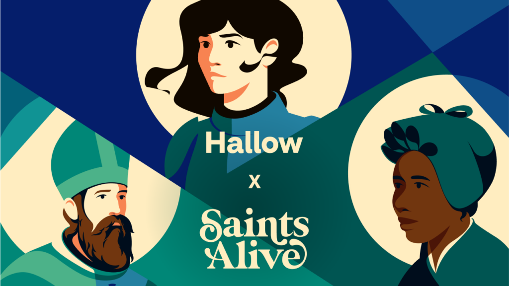 Illustrated graphics of saints, including the logos of Hallow and Saints Alive