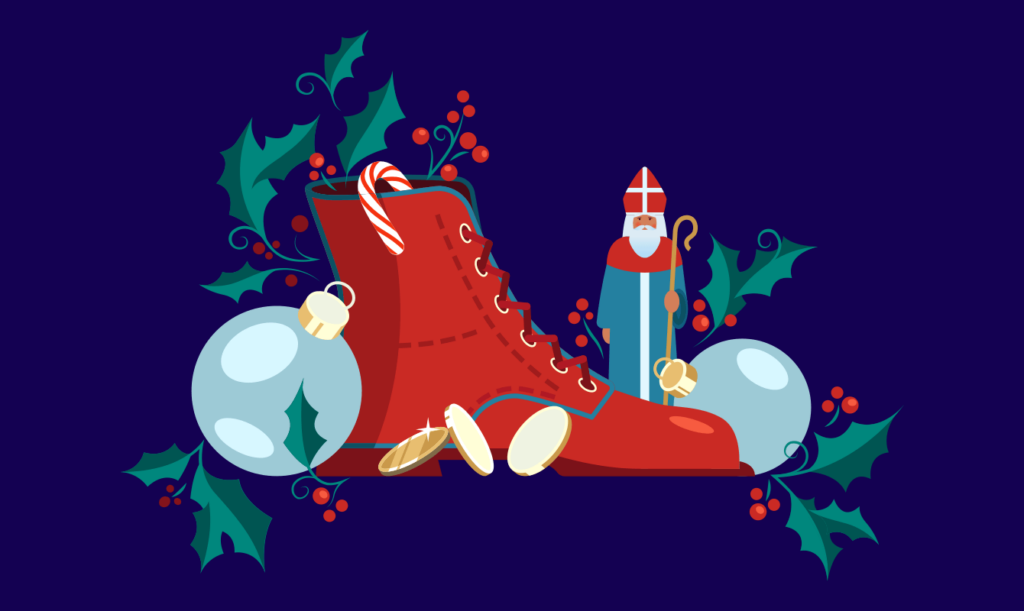 An illustration featuring St. Nicholas of Bari, with Christmas ornament and a large shoe filled with gifts.