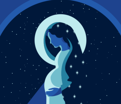 Image of a woman with a pregnant belly, with stars surrounding her
