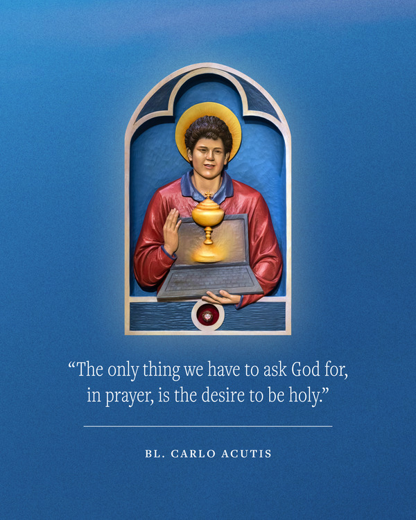 An image of Bl. Carlo Acutis with one of his most famous quotes.