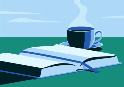 An illustration of an open Bible and a steaming hot cup of tea.