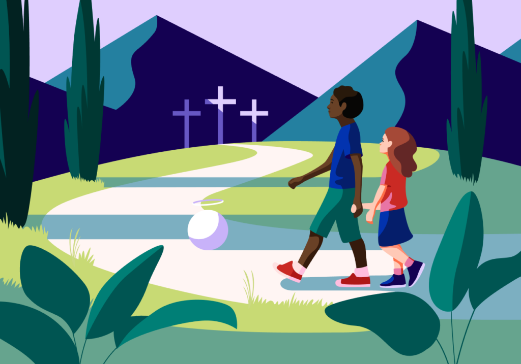 An illustration of two children walking along a winding path. The Hallow "Herald" illustration guides them. Mountains and three crosses are in the background.