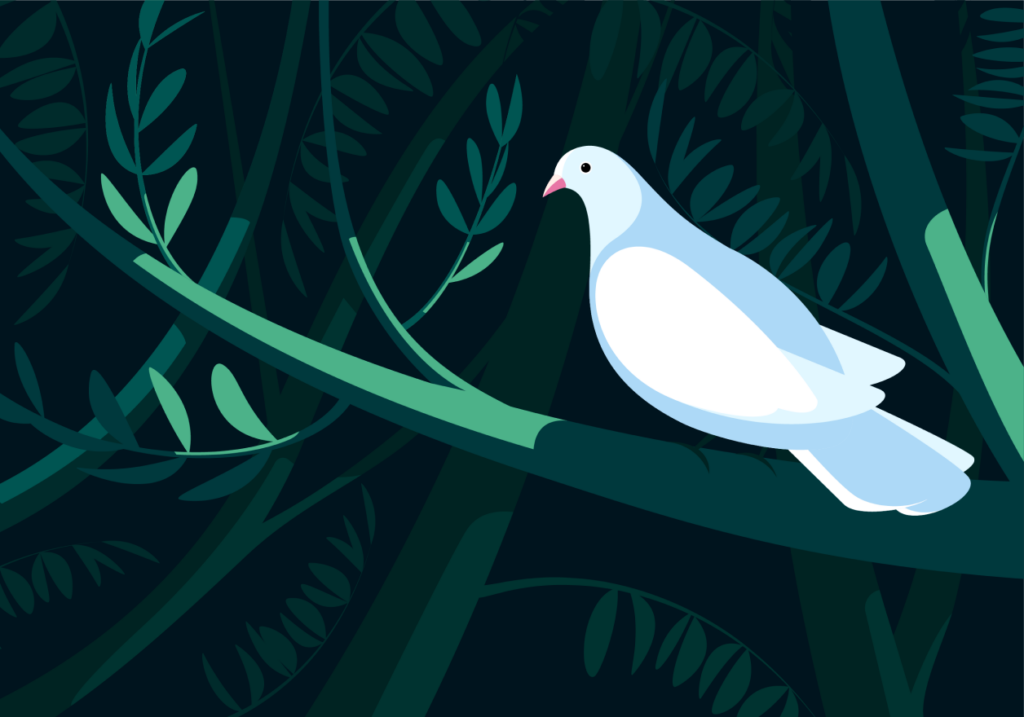 An illustration of a peaceful dove sitting on a tree branch