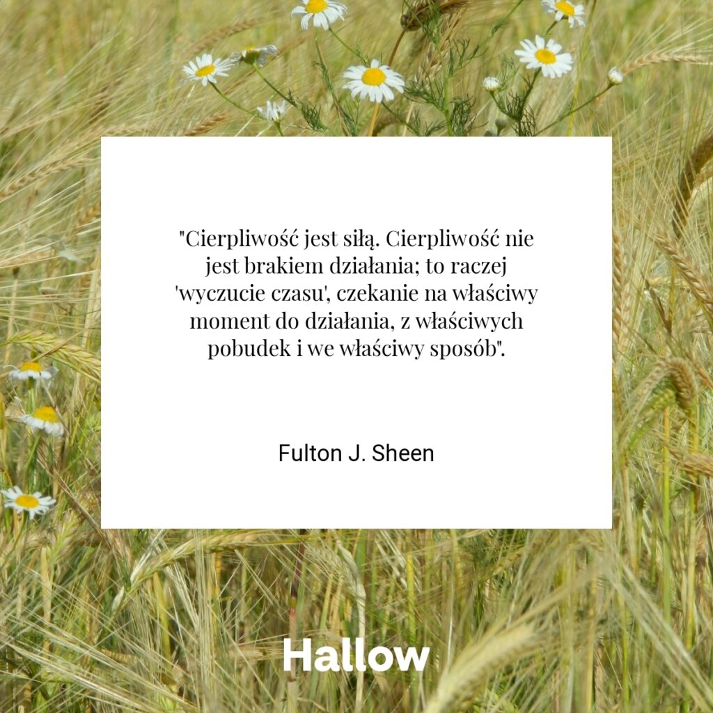 "Cierpliwość jest siłą. Cierpliwość nie jest brakiem działania; to raczej 'wyczucie czasu', czekanie na właściwy moment do działania, z właściwych pobudek i we właściwy sposób". - Fulton J. Sheen