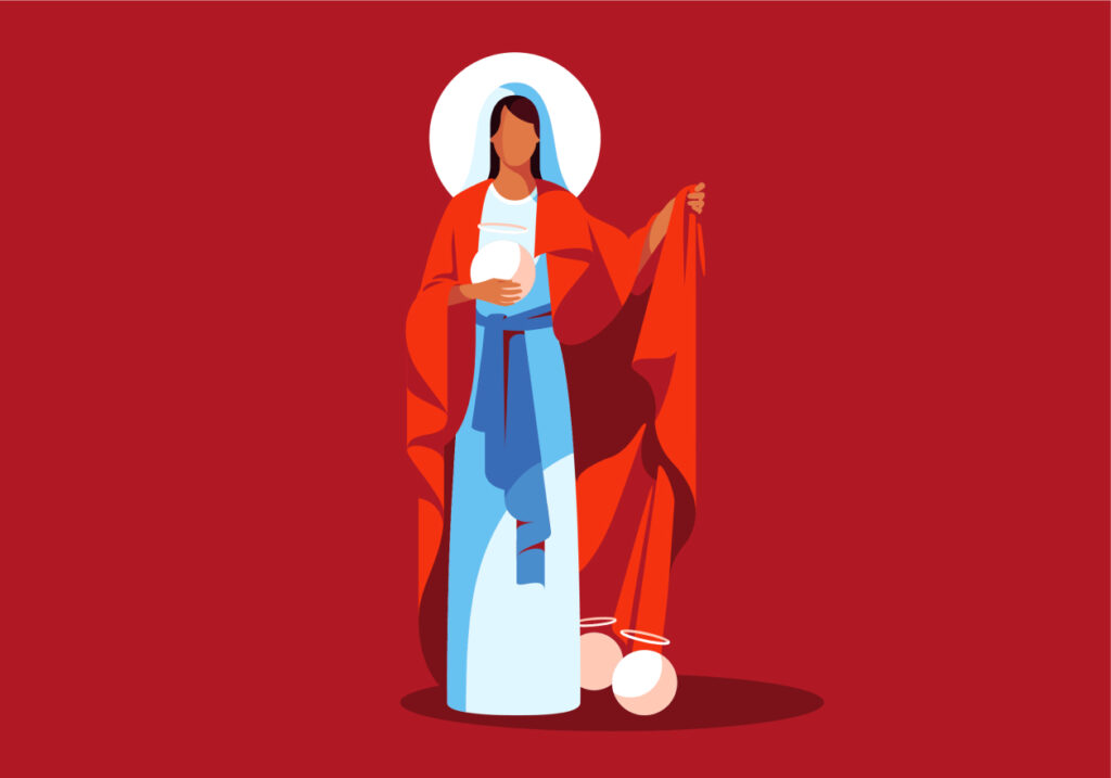 An illustration of Mary standing tall, her arms oustretched offering protection.