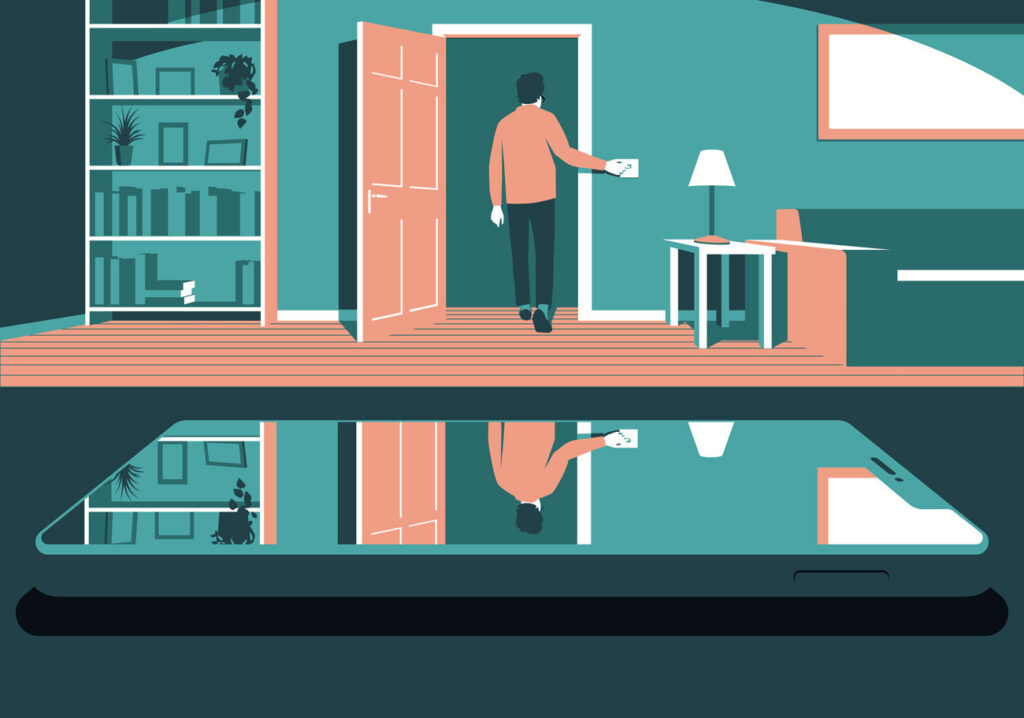 An Illustration of a man leaving a room and turning off the lights behind him.