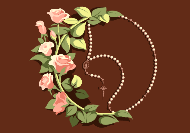 An illustration of the Franciscan Crown Rosary adorned in pink roses