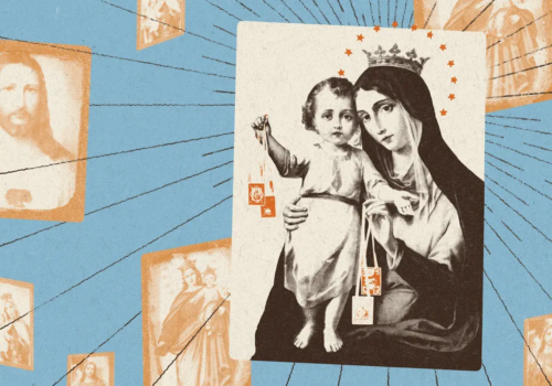 An illustration of Our Lady of Mount Carmel holding baby Jesus