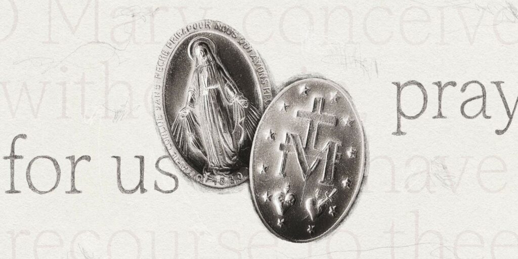 A graphic showing both sides of the Miraculous Medal with the text "Pray for su"