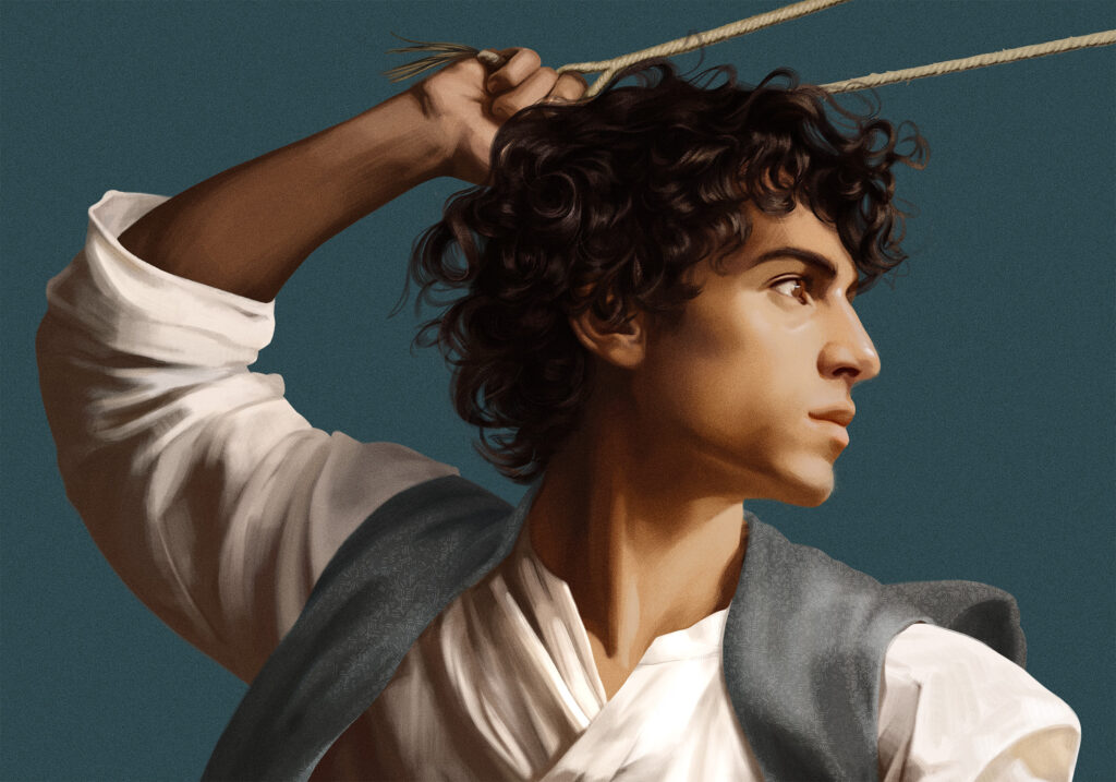 A custom-designed portrait of a young King David, with slingshot ready to fire, wearing a white shirt and dark vest.