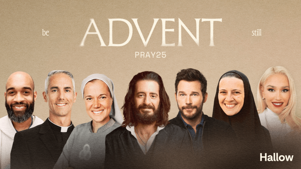 A lineup of headshots of all of the guides for Hallow's Pray25 Advent prayer challenge.