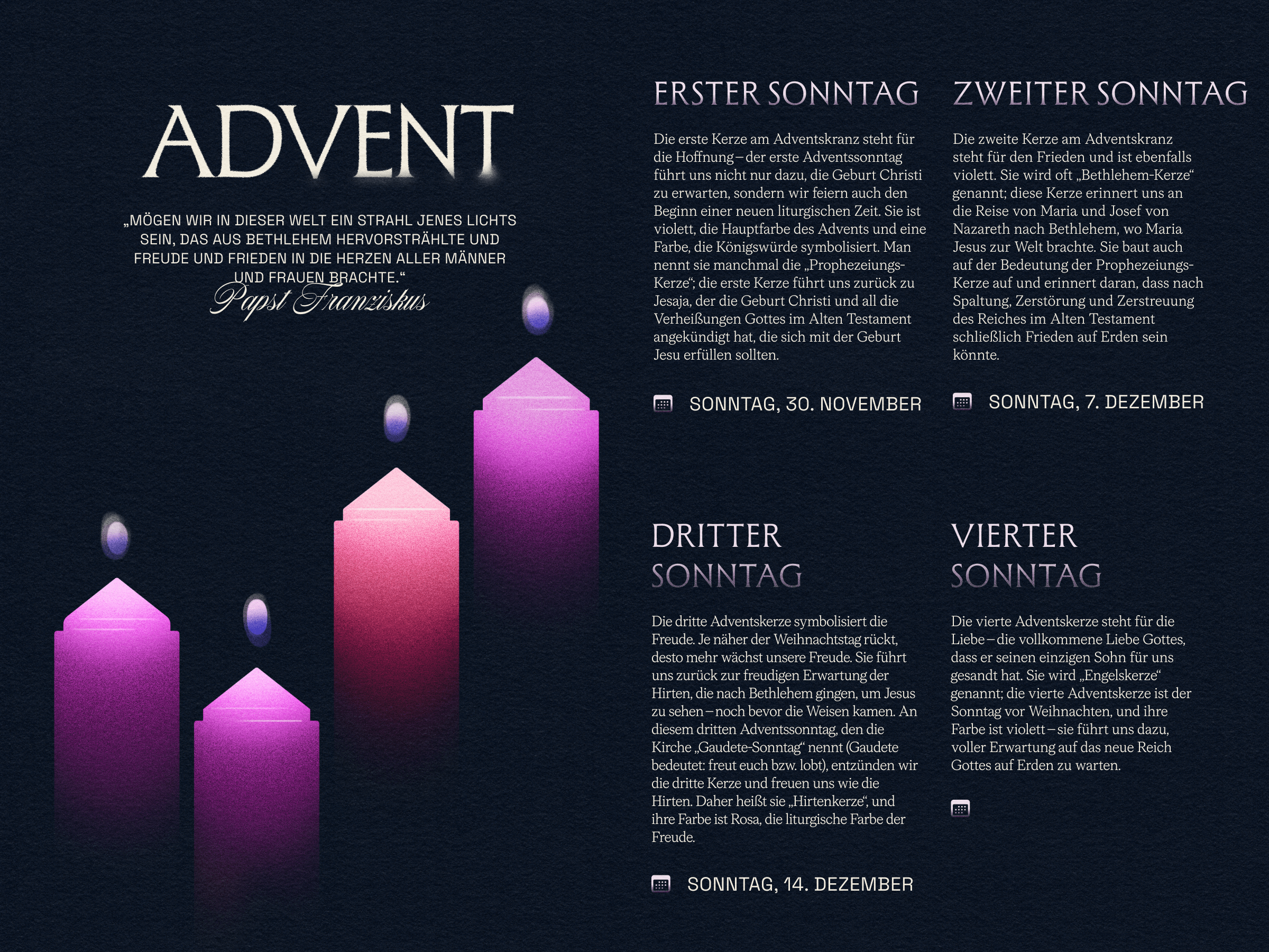 An illustration of the four Advent candles (three purple, one pink) with descriptions of their meaning and significance.