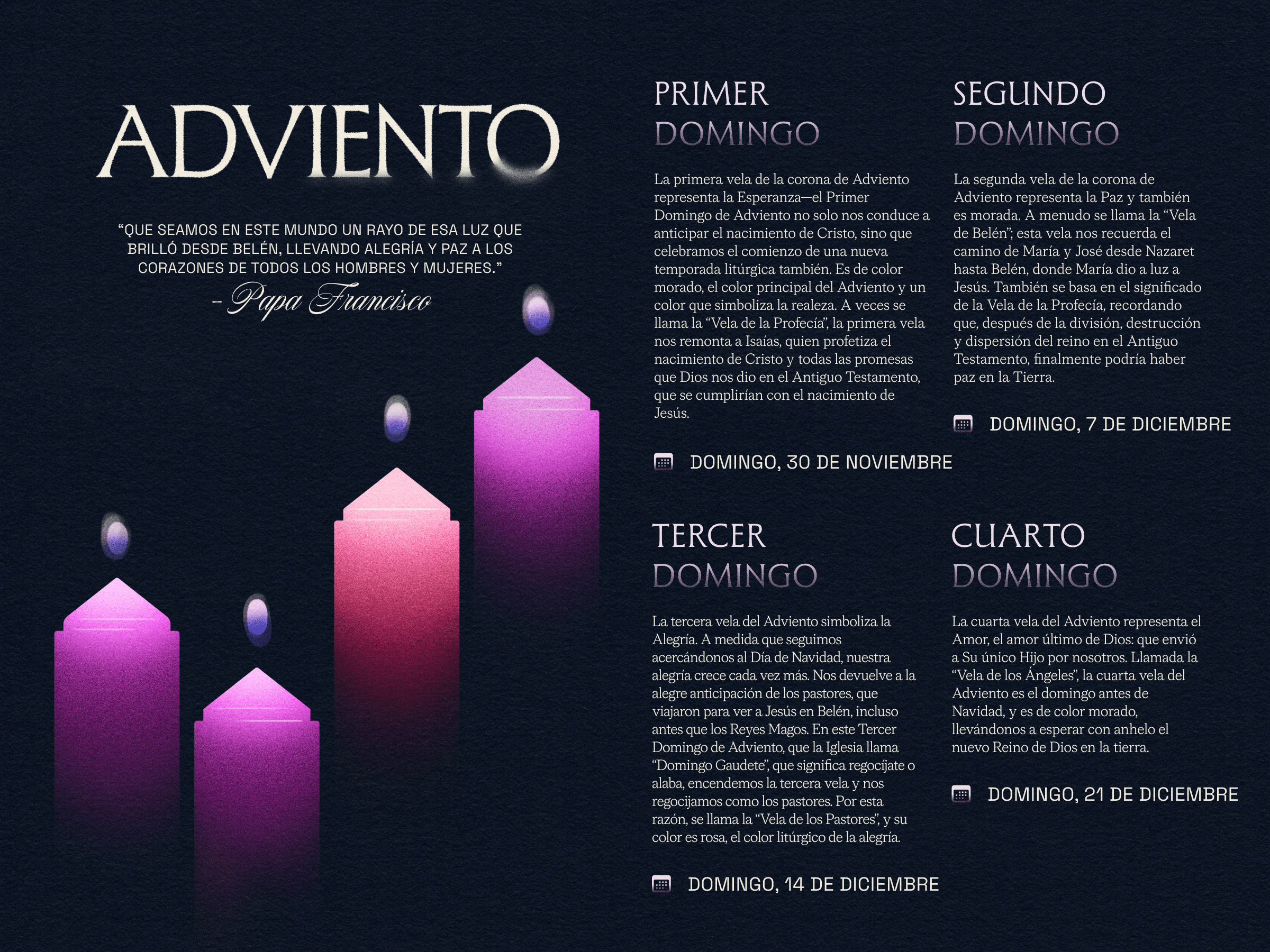 An illustration of the four Advent candles (three purple, one pink) with descriptions of their meaning and significance.
