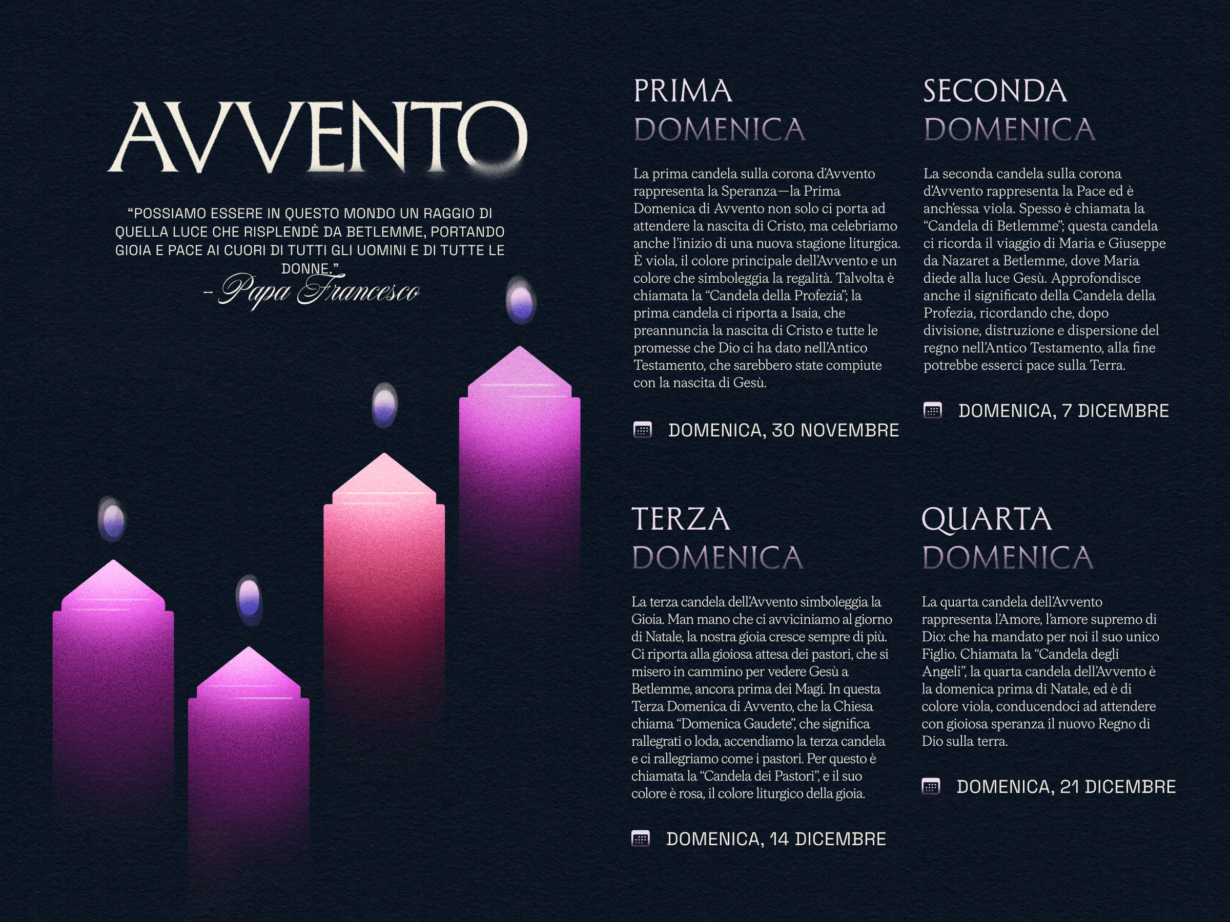 An illustration of the four Advent candles (three purple, one pink) with descriptions of their meaning and significance.