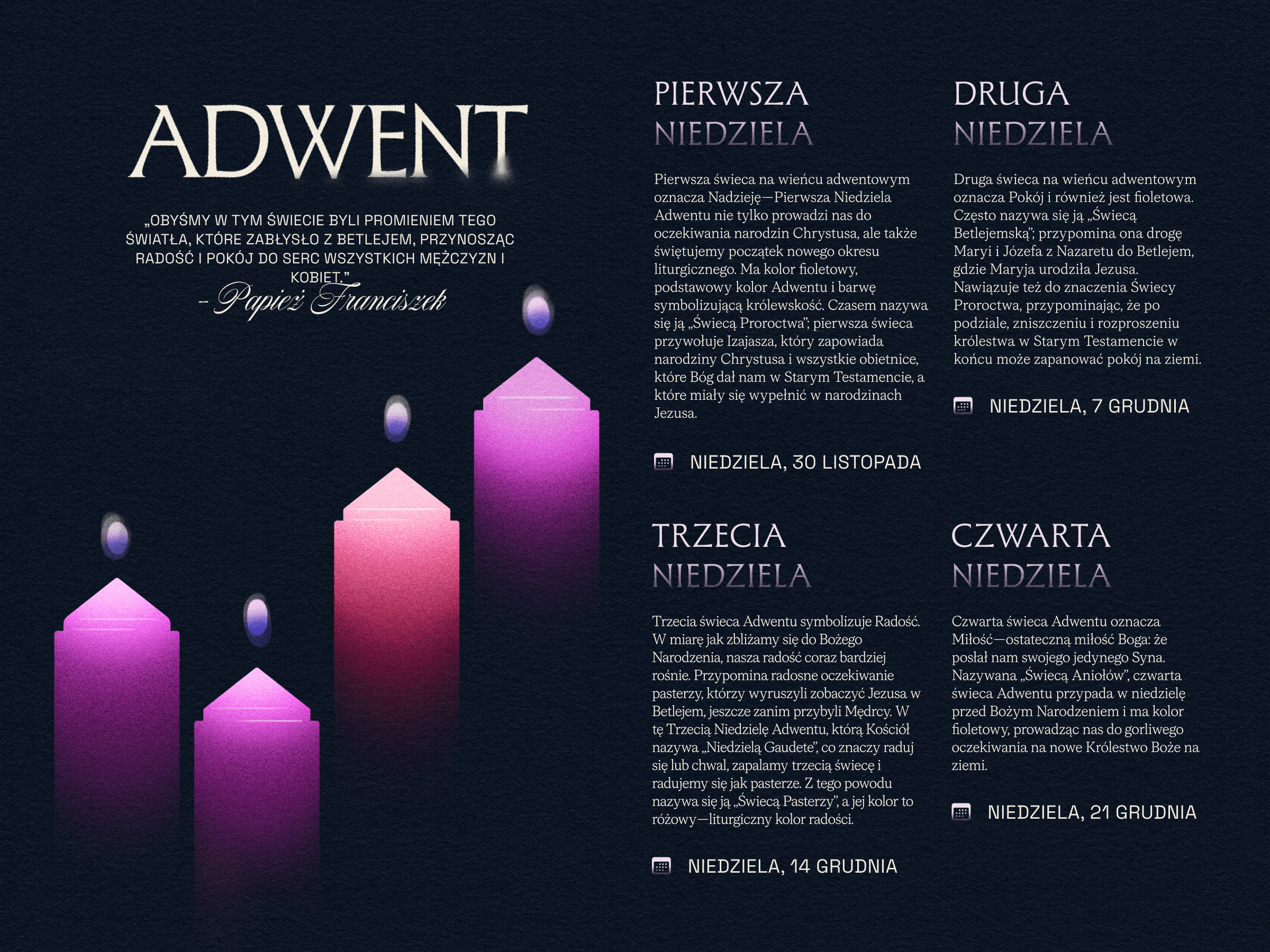 An illustration of the four Advent candles (three purple, one pink) with descriptions of their meaning and significance.