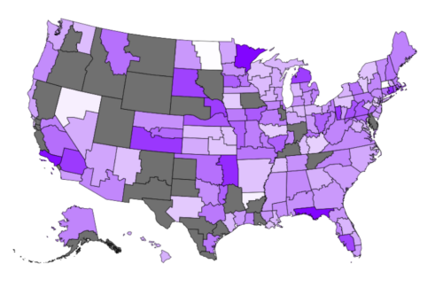 A heatmap showing the diocese by diocsee growth of the Catholic Church in the U.S. in 2026