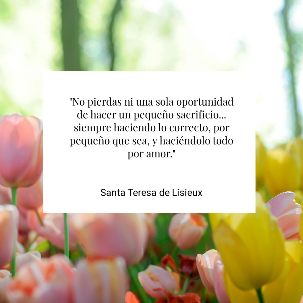 "No pierdas ni una sola oportunidad de hacer un pequeño sacrificio... siempre haciendo lo correcto, por pequeño que sea, y haciéndolo todo por amor." - Santa Teresa de Lisieux